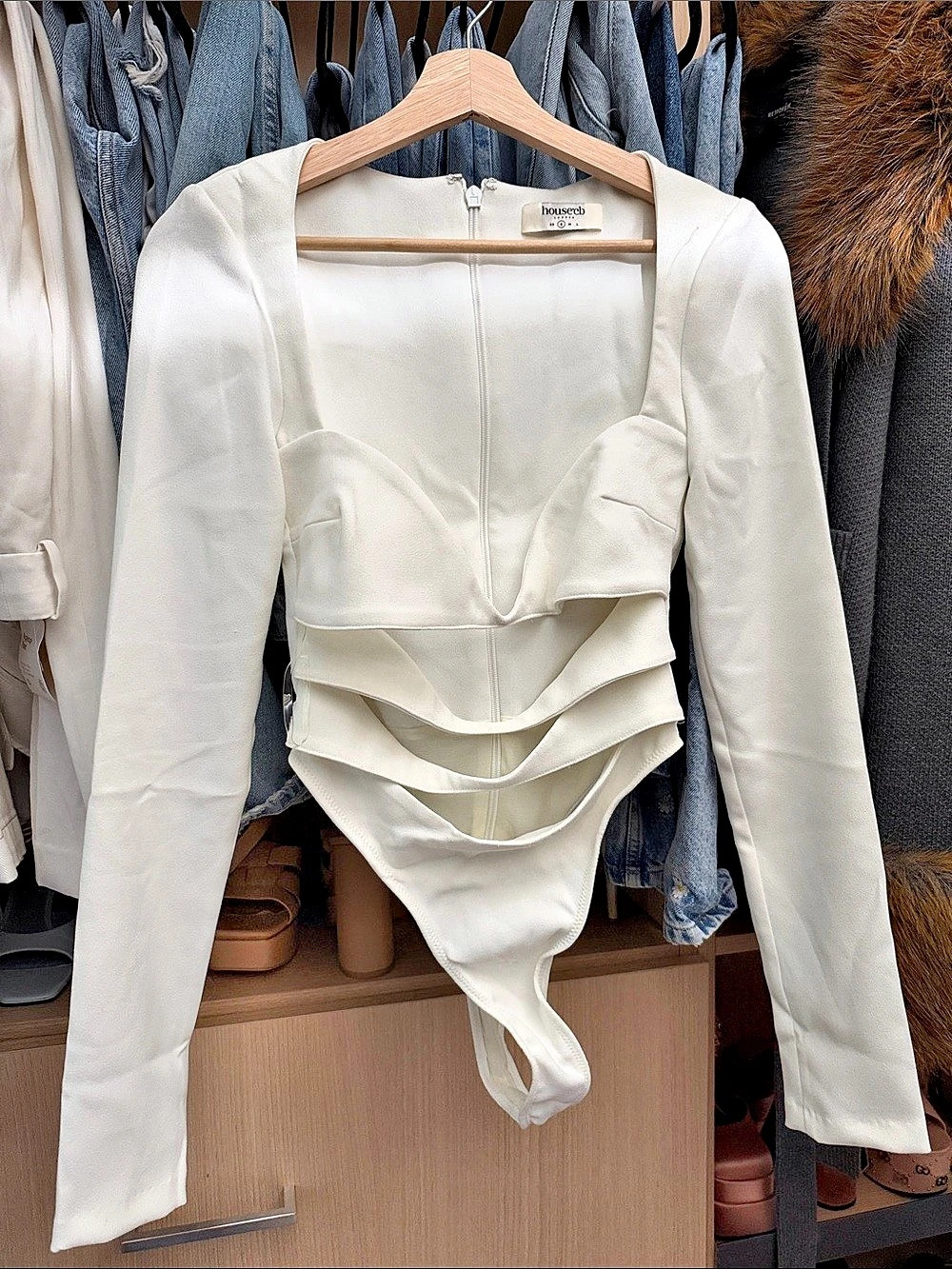 houseofcb Long Sleeve Layered Bodysuit in White Size XS Like New